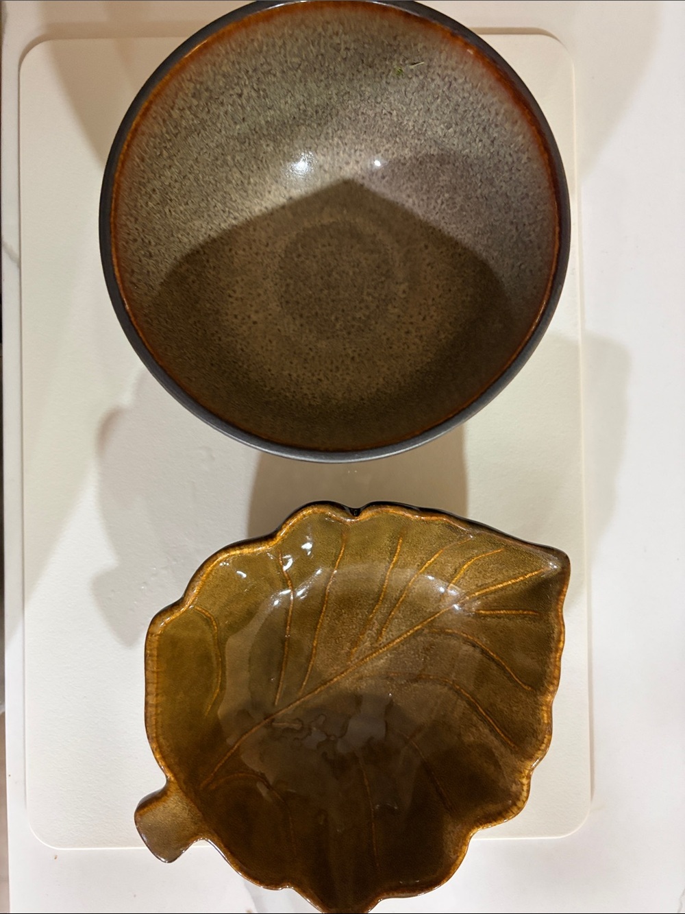 Brown Ceramic Leaf Dish and Stoneware Bowl - Brown Home Art Set